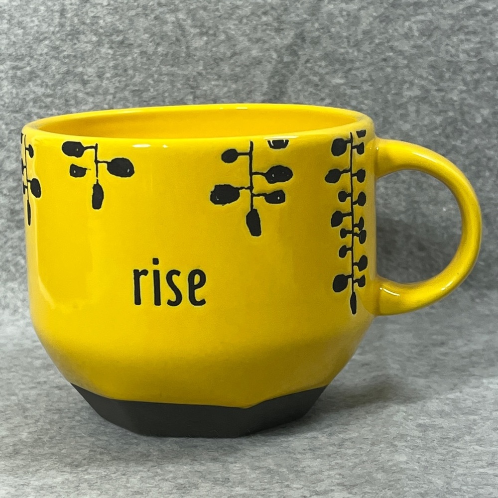 FLOOR 9‎ Ceramic Mug Yellow Rise ShineTextured Finish with Black Flower Accents